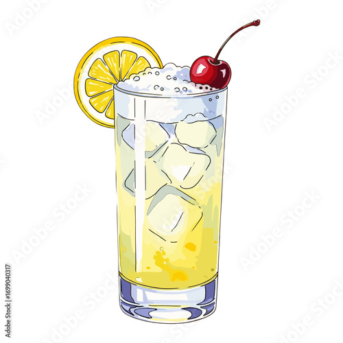 Refreshing Lemonade with Cherry Garnish in a Tall Glass Full of Ice