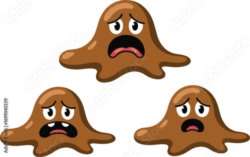 Three cartoon brown blobs with sad expressions and open mouths isolated on white background