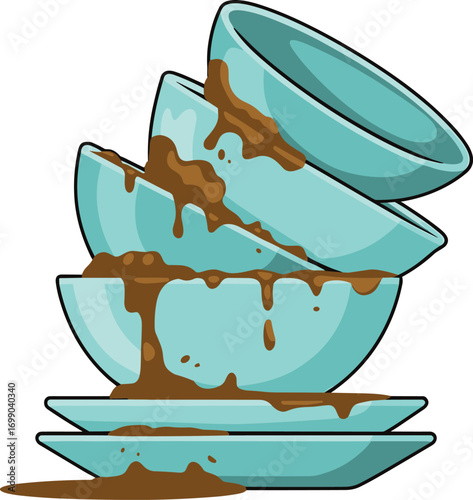 Stack of dirty blue bowls and plates with brown food residue dripping down