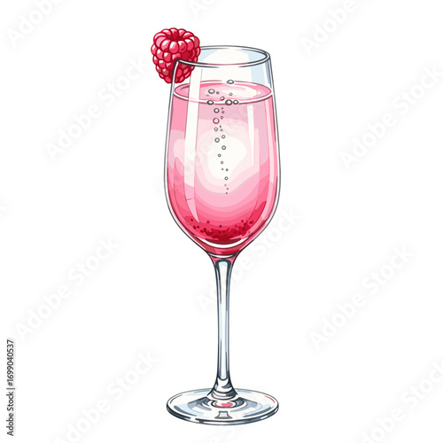 Elegant pink sparkling cocktail in a tall champagne flute, garnished with a fresh red raspberry, perfect for celebrations, parties, or refreshing summer drinks.