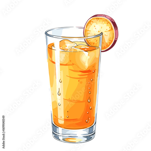 Refreshing orange drink with ice cubes and a fruit slice garnish, a vibrant and cool beverage illustration perfect for summer and hot weather.