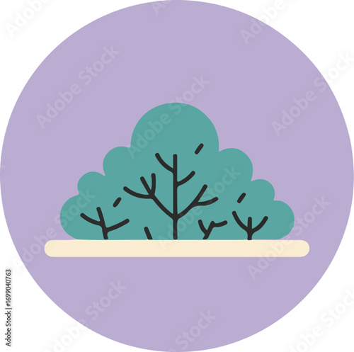 Minimalist illustration of symmetrical teal trees in a circular composition with a purple gradient background