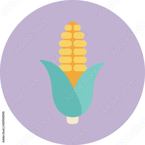 Single ear of corn with green leaves on lavender background