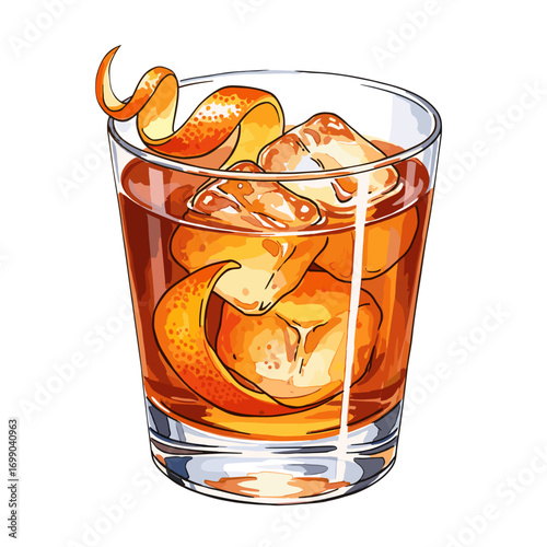 Illustration of a Classic Whiskey Cocktail with Ice and Citrus Garnish in a Glass