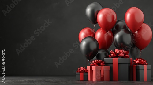Striking red and black balloons with elegant gift boxes for a sophisticated celebration perfect for marketing promotions and special events