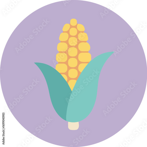 Illustration of an ear of corn with green leaves on a purple background