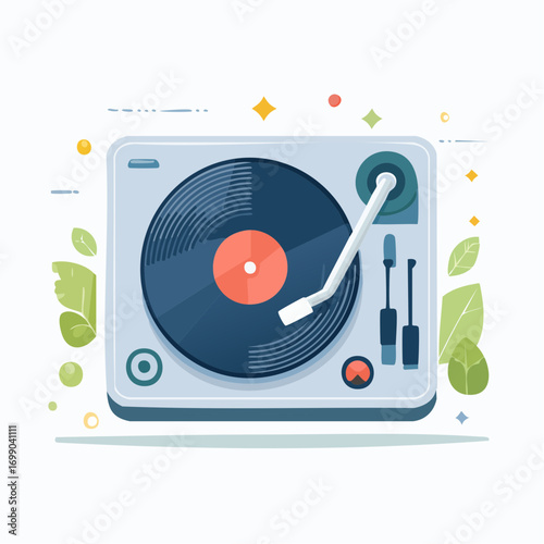Turntable Illustration Playing Vinyl Record With Green Leaves And Colorful Dots