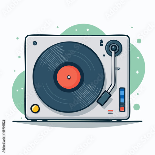 Gray Record Player With Black Vinyl Record And Red Center Label