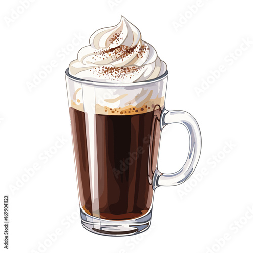 Delicious Warm Beverage with Whipped Cream and Chocolate Sprinkles in Clear Glass Mug