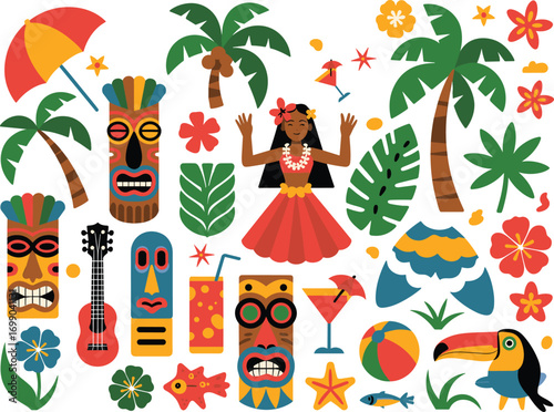 Vibrant tropical hawaiian luau elements including tiki masks hula dancer guitar and palm trees
