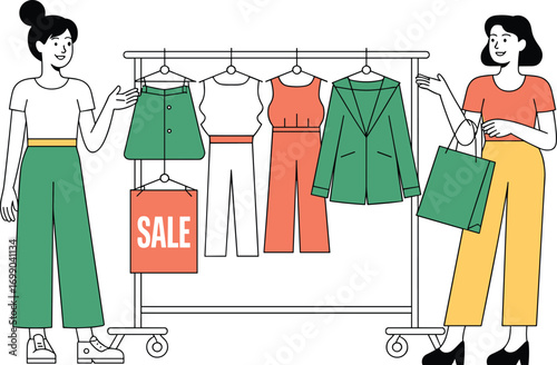 Women shopping for clothes on sale at a retail store with racks of garments