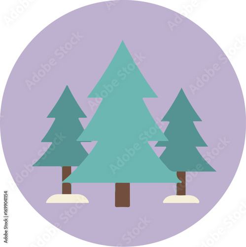 Three evergreen trees in a circular composition with a lavender background