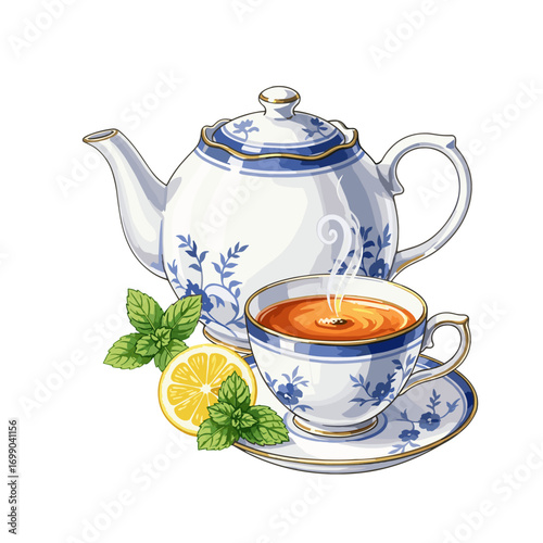 Elegant Blue and White Tea Set with Steaming Cup of Herbal Tea and Lemon Slices