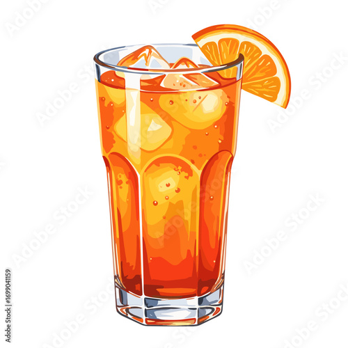 Refreshing orange drink with ice cubes and a citrus slice garnish in a tall glass, perfect for summer beverages or cocktails, vector illustration.