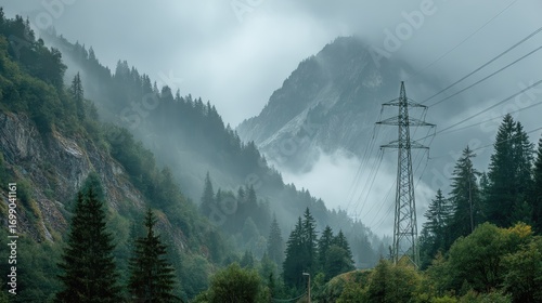 Foggy Mountain Power Lines - Landscape Energy, Misty Alps View