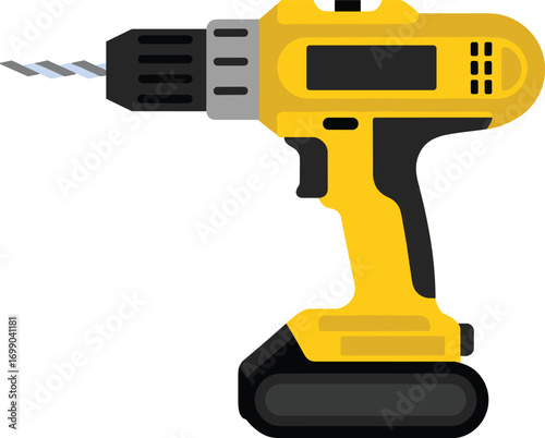Yellow cordless power drill with battery and drill bit isolated on white background