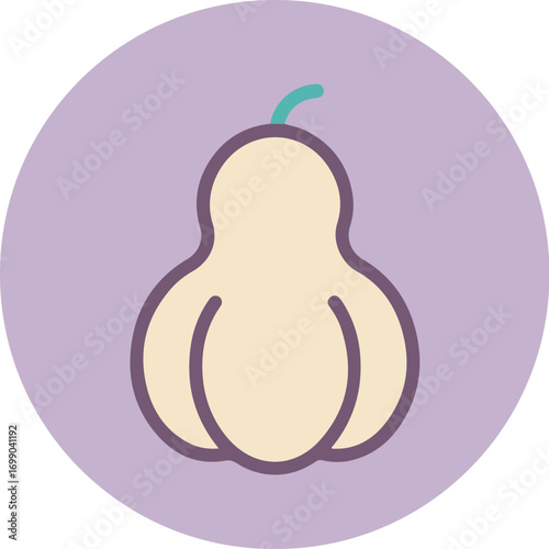Minimalist illustration of a single pear with teal stem on a purple gradient background