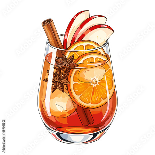 Refreshing Autumn Cocktail with Cinnamon, Orange, and Apple Garnish in a Glass
