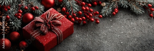 Festive holiday gift box surrounded by red ornaments and pine branches on a dark stone surface
