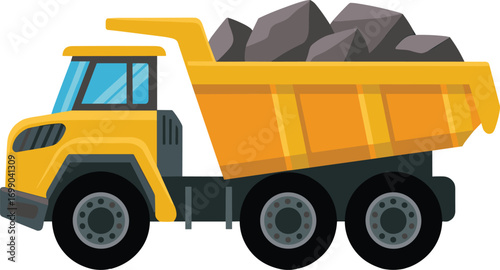 Bright yellow dump truck loaded with heavy rocks on a white background