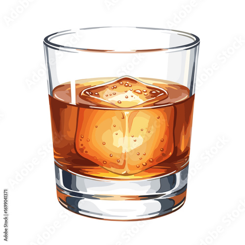 Whiskey Glass with Ice Cubes - Classic Vintage Drink Presentation for Home Bars and Cocktails
