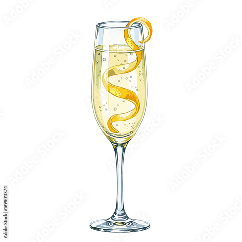 Elegant illustration of a sparkling champagne cocktail in a flute glass, garnished with a vibrant orange peel, perfect for celebrations and festive occasions.
