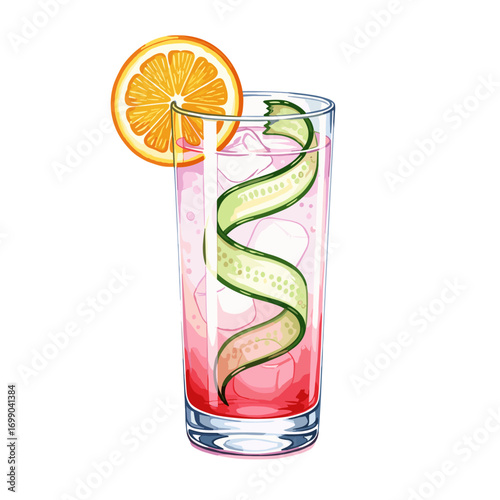 Colorful Refreshing Cocktail with Cucumber Twist and Citrus Slice for Summer Parties