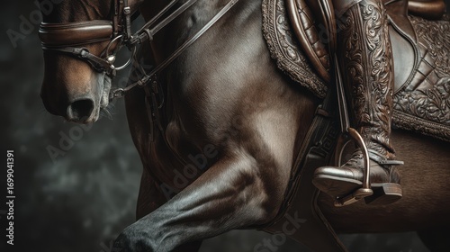 Horse in motion with a detailed saddle and rider's leg visible, emphasizing elegance and craftsmanship in equestrian gear