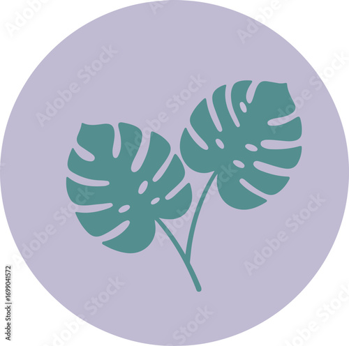 Two vibrant tropical leaves with teal-green hue on light purple background