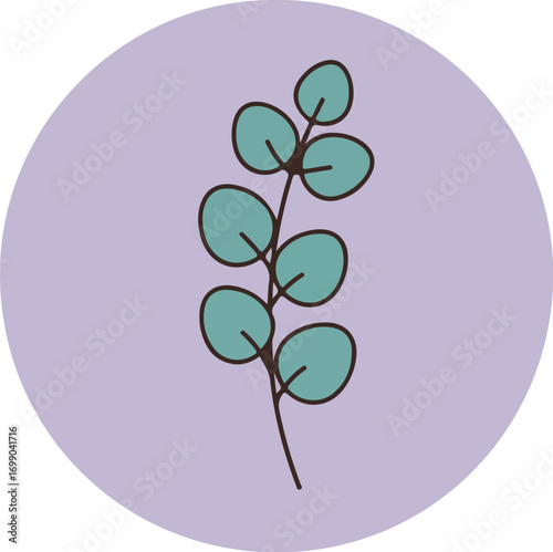 Minimalist botanical illustration of a single plant stem with five teardrop-shaped leaves in turquoise on a light purple background