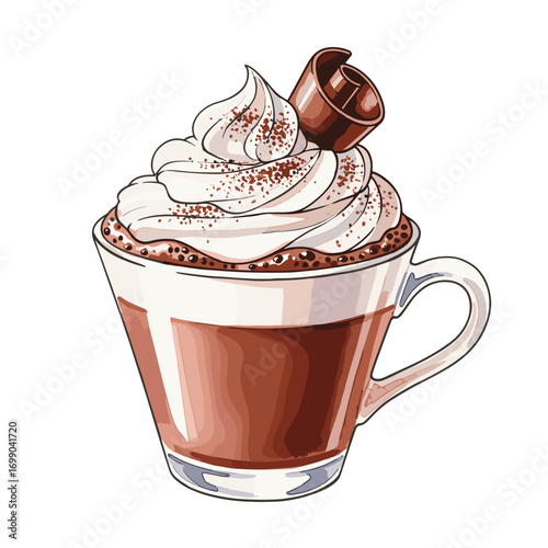 Delicious hot chocolate drink with creamy whipped topping, chocolate sprinkles, and a decorative chocolate curl in a clear glass mug, perfect for a cozy winter treat