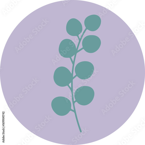 Close-up of teal plant stem with teardrop-shaped leaves in circular frame on light purple background