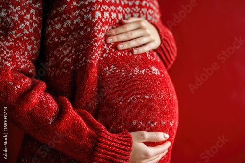 Pregnant woman in red, patterned sweater, cradling belly