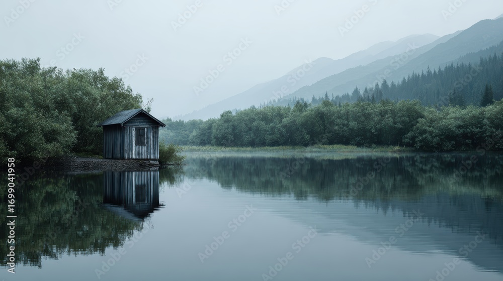 Naklejka premium Misty Lake Cabin: Serene Nature Landscape Reflection