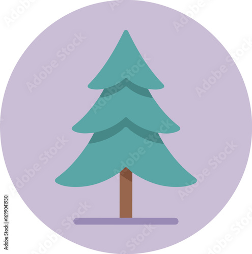 Minimalist illustration of a solitary tree with a light blue-green conical canopy and a textured brown trunk on a gradient purple background