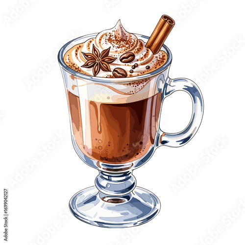 Deliciously Rich Hot Chocolate with Whipped Cream and Spices Served in a Glass Cup