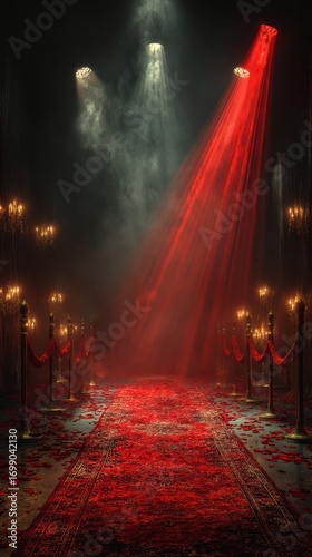 Elegant red carpet pathway illuminated by dramatic spotlights in a lavish, atmospheric setting at night