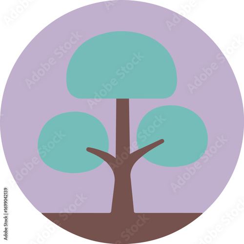 Minimalist digital illustration of a stylized tree with a brown trunk and light blue canopies on a gradient background