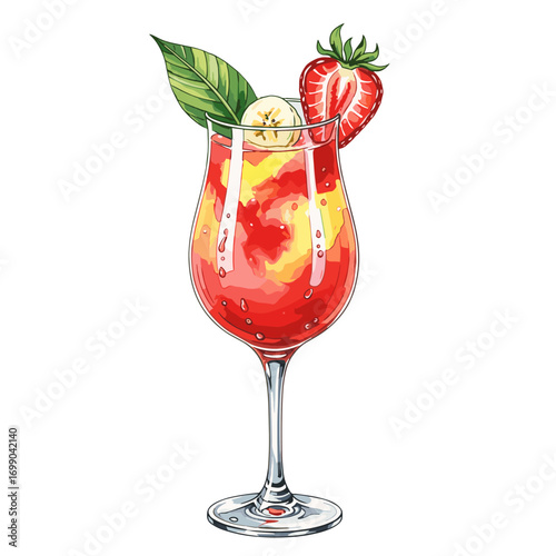 Colorful Fruity Cocktail with Strawberries and Bananas in a Glass - Refreshing Drink for Summer Parties