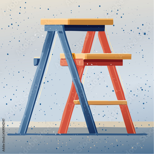 Red And Blue Wooden Step Ladders On Gray Floor