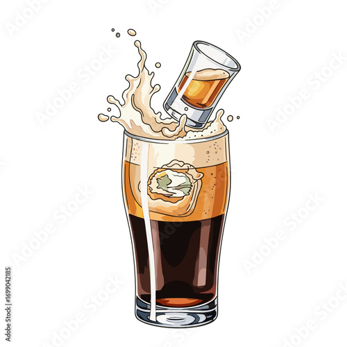 Illustration of a Tall Glass of Dark Beer with a Floating Shot Glass and Splashes