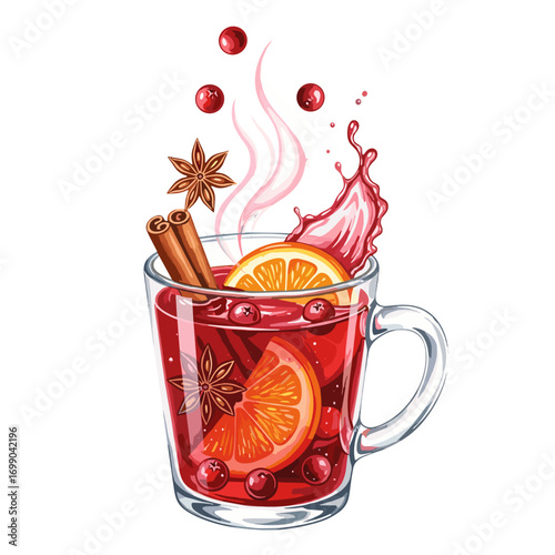 Delicious Spiced Fruit Beverage in Clear Glass Cup with Orange and Cinnamon Sticks