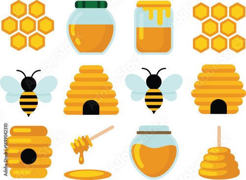 Collection of flat design illustrations of honey jars beehives bees and honeycomb