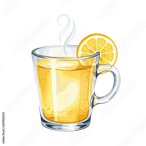 Hot Lemonade Drink in Clear Glass Mug with Lemon Slice - Refreshing Winter Beverage for Cozy Moments