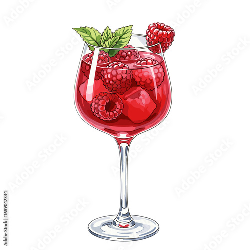 Delicious Red Raspberry Drink in Elegant Glass with Mint Leaf Garnish, Perfect for Summer Refreshment