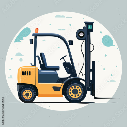 Yellow Forklift With Black Forks On Gray Circle Background