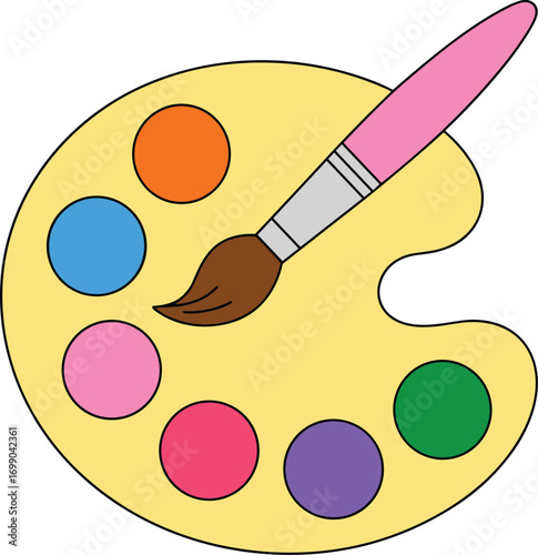 Colorful artist palette with brush and vibrant paint blobs on white background