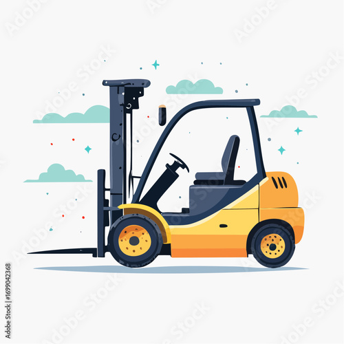 Yellow Forklift With Dark Gray Mast On White Background With Light Blue Clouds