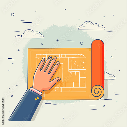 Hand On Blueprint Under Cloudy Sky