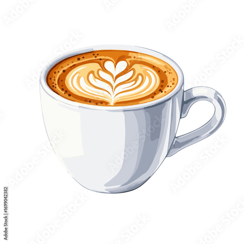 Delicious hot coffee with intricate latte art in a white ceramic mug, perfect for a cozy morning or a cafe setting illustration